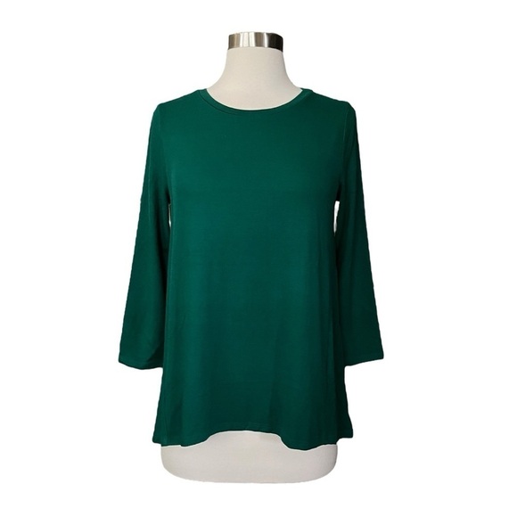 Ann Taylor Loft Knit Top Women's XS Forest Green CrewNeck 3/4 Sleeve Hi-Lo Swing - Picture 2 of 6